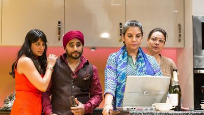Harleen (Goldy Notay), Nav (Ameet Chana), Tejpal (Shabana Azmi), Sunita (Clara Indrani) in Happy Birthday Sunita. Courtesy Rifco and Watford Palace Theatre
