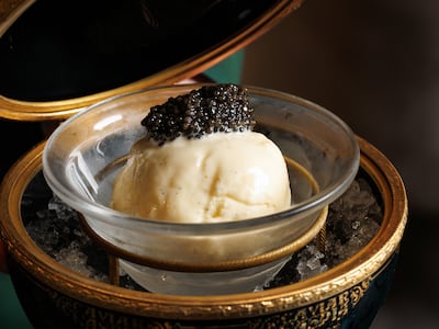 Kaspia Dubai's dessert features vanilla ice cream topped with caviar. Photo: Kaspia