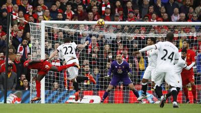 Liverpool’s Sadio Mane scores their first goal. Phil Noble / Reuters