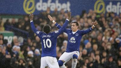 Romelu Lukaku of Everton celebrates scoring the equalising first goal against Leicester City on Saturday at Goodison Park. Phil Noble / Reuters