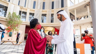 Sheikh Shakhbout arrives at one of the African pavilions at Expo 2020 Dubai.