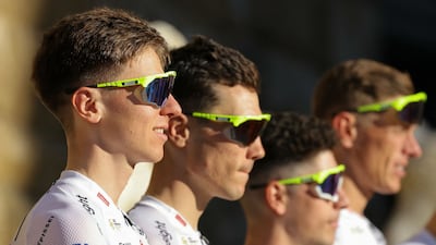 UAE Team Emirates riders on stage during the team presentation for the Tour de France. AFP