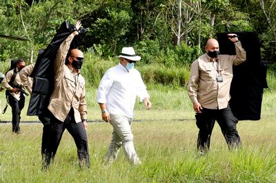The president of Colombia, Ivan Duque, arrives at the Army's 17th brigade to meet the police and soldiers who participated in the operation that led to the capture of Otoniel. EPA