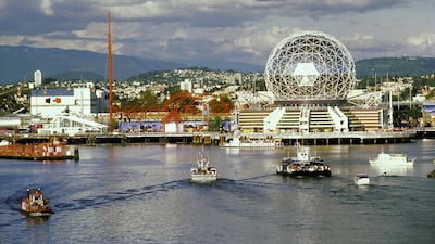 Vancouver hosts 'Expo '86' World Fair. The exposition site with large dome along waterfront on False Creek can be seen. Ben Martin / Getty