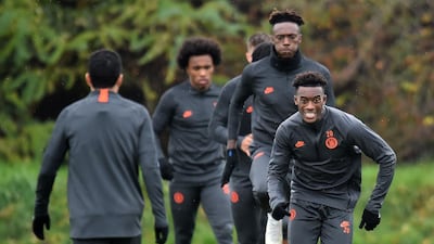 Chelsea midfielder Callum Hudson-Odoi attends a training session at Cobham. AFP