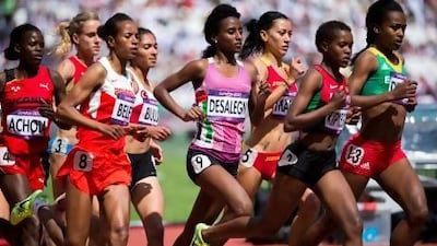 File photo of Bethlem Desaleyn, in purple, who came up with the best effort for a UAE athlete at a major event. Paul Kitagaki Jr / Zumapress