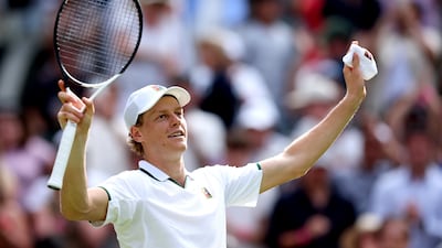 Jannik Sinner celebrates after his win over Miomir Kecmanovic at Wimbledon. EPA