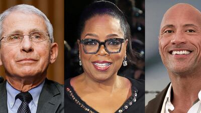 From left: Dua Lipa, Dr Anthony Fauci, Oprah Winfrey and Dwayne 'The Rock' Johnson, who are among the winners at the 2021 Webby Awards, which recognises the best internet content and creators. AP