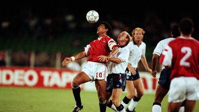 Egypt's Gamal Abdelhamid holds off England's Steve McMahon during the 1990 World Cup. England have won all three matches against the Egyptians. Action Images / Sporting Pictures / Nick Kidd / ReutersER
