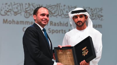 Sheikh Hamdan bin Mohammed, Crown Prince of Dubai, honours the winners of the 8th edition of the Mohammad bin Rashid Al Maktoum Creative Sports Award in a ceremony held at the Dubai World Trade Centre on Monday. Wam