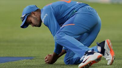 Shreyas Iyer takes the catch of New Zealand wicketkeeper Tim Seifert. AFP