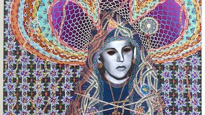 Danièle Minne is portrayed with empty eyes, bound and bleeding. Courtesy Lawrie Shabibi Gallery