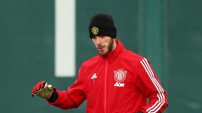 David De Gea of Manchester United passes the ball during a training session at the Aon Training Complex. Getty Images