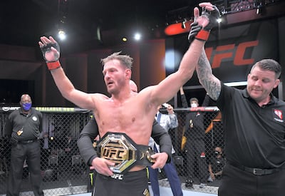 Stipe Miocic celebrates after his victory over Daniel Cormier during UFC 252 in Las Vegas. Photo: Zuffa LLC