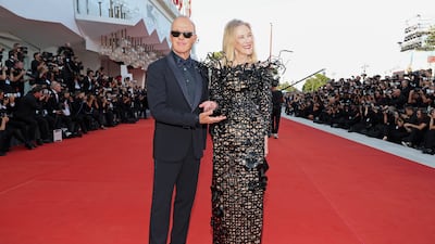 VENICE, ITALY - AUGUST 28: Michael Keaton and Catherine O'Hara attend a red carpet for the movie "Beetlejuice Beetlejuice" during the 81st Venice International Film Festival at on August 28, 2024 in Venice, Italy. (Photo by Pascal Le Segretain / Getty Images)