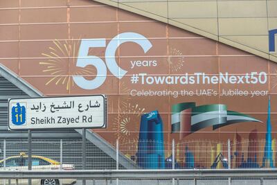 A 50th year celebration message of the forming of the UAE on a Dubai Metro station off Sheikh Zayed Road. The UAE's past and its future are inextricably linked. Antonie Robertson / The National