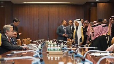 United Nations Secretary-General Antonio Guterres (L) meets with Prince Mohammed bin Salman at the United Nations on March 27, 2018 in New York. Bryan R Smith / AFP