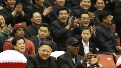 Kim Jong-un, the leader of North Korea, left, and former NBA star Dennis Rodman watch an exhibition basketball game in Pyongyang.