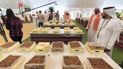 Prospective buyers inspect the dates on sale at the Liwa Date Auction. Antonie Robertson / The National