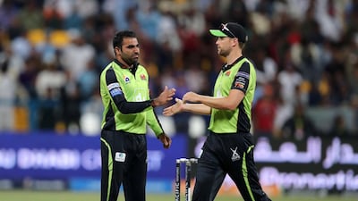 Qalandars' Sultan Ahmed after taking the wicket of Tigers' Riley Rousseau during the 2017 Abu Dhabi T10. Chris Whiteoak / The National