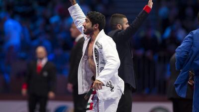 THE UAE’s Ahmed Suhail Al Ketbi celebrates defeating Victor Ortuno at the Abu Dhabi World Professional Jiu-Jitsu Championship at the IPIC Arena in Zayed Sports City in Abu Dhabi on April 22, 2016. Christopher Pike / The National