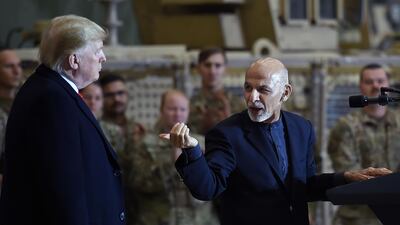 Afghan's President Ashraf Ghani addresses US troops during a surprise Thanksgiving day visit of US President Donald Trump at Bagram Air Field,in Afghanistan on November 28, 2019. Olivier Douliery / AFP