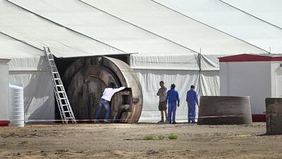 Rolling out a structure for the set. Star Wars crew. Qasr Al Sarab, Abu Dhabi, United Arab Emirates. Mona Al-Marzooqi / The National