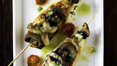 The grilled mushroom sticks on garlic, crushed tomato and parsley toasts - a standout from the starters served at the Table Friday Brunch at Rhodes 44. Courtesy Rhodes 44