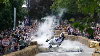 Spectators at Alexandra Palace in London watch Swifty Air compete in Red Bull's Soapbox Race. PA