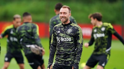 Manchester United's Christian Eriksen during a training session ahead of the Europa League clash with Sheriff Tiraspol. PA