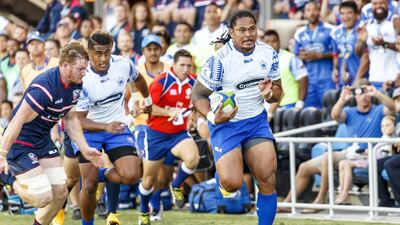 Alesana Tuilagi, right, in action for Samoa against USA Eagles in the Pacific Nations Cup in March, is set to play for Christina Noble Children’s Foundation at the Dubai Sevens. Getty