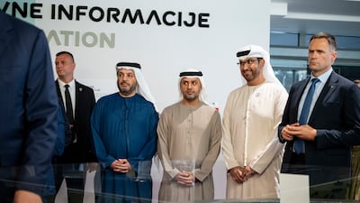 Dr Sultan Al Jaber, Sheikh Mohamed bin Tahnoon, Adviser to the UAE President, and Faisal Al Bannai, Adviser to the UAE President for Strategic Research and Advanced Technology Affairs, listen to a presentation at the Expo 2027 site