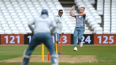 England captain Ben Stokes bowls during nets. Getty