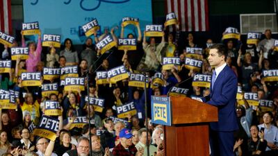 Former mayor Pete Buttigieg (R), Democratic candidate for United States President, speaks to supporters during he's primary night rally in Nashua, New Hampshire, USA. EPA