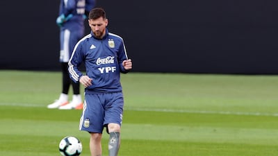Lionel Messi takes part in a training session ahead of Argentina's Copa America match against Qatar. AP Photo