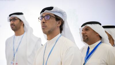 Sheikh Mansour, centre, visits the Bahrain Pavilion. With him is Dr Sultan Al Jaber, Minister of Industry and Advanced Technology, UAE Special Envoy for Climate Change and chairman of Masdar. Photo: UAE Presidential Court
