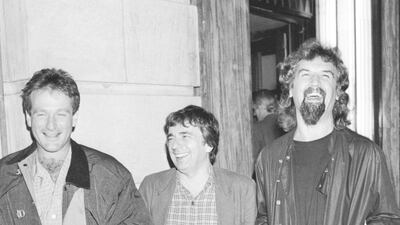 American comedian Robin Williams in London with English comedian Dudley Moore and Scottish comic Billy Connolly, circa 1985. Getty Images