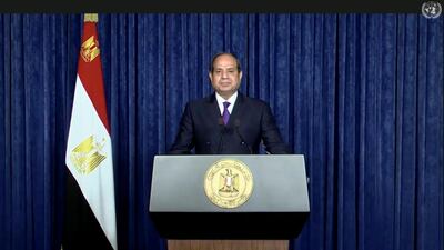 Abdel Fattah Al Sisi, President of Egypt, speaks in his pre-recorded message to the United Nations General Assembly. UNTV/AP