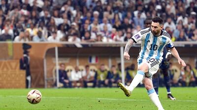 Lionel Messi scores from the spot for Argentina. PA