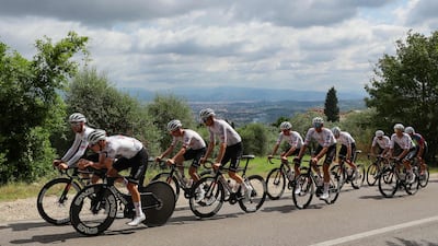 Tadej Pogacar leads UAE Team Emirates during a training session in Florence. AFP