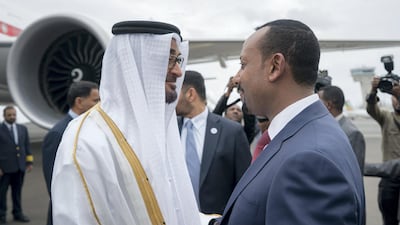 Sheikh Mohamed bin Zayed is received by Abiy Ahmed, prime minister of Ethiopia, upon arriving in Ethiopia. Rashed Al Mansoori / Crown Prince Court - Abu Dhabi