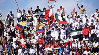 UAE fans mingle with supporters from Colombia during their opening match at the 1990 World Cup in Bologna, Italy, on June 9, 1990. Colombia won the match 2-0. Getty Images