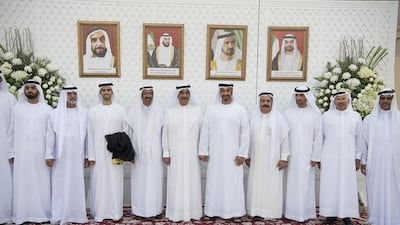 Sheikh Mohammed bin Zayed, sixth left, at the wedding reception of Faisal Al Hammadi, third left. With them are Sheikh Ahmed bin Saud bin Saqr Al Qasimi, left, Sheikh Nahyan bin Mubarak, Minister of Culture and Knowledge Development, second left, Mohamed Al Murr, former Speaker of the Federal National Council, third left, Sheikh Saud bin Rashid Al Mu’alla, Ruler of Umm Al Quwain, fifth left, and Lt Gen Mussabeh Al Fattan, Director General of the Dubai Ruler’s Office, second right. Hamad Al Kaabi / Crown Prince Court - Abu Dhabi