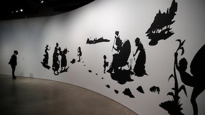 Linocut paper on wall artwork entitled 'The End of Uncle Tom and the Grand Allegorical Tableu of Eva in Heaven' by Kara Walker. EPA