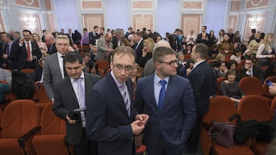 Members of Jehovah’s Witnesses wait in a courtroom in Moscow on April 20, 2017. Ivan Sekretarev / AP Photo