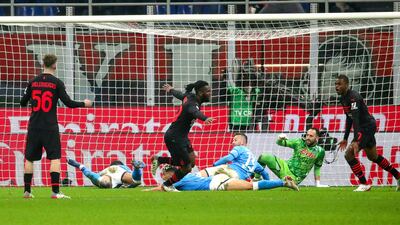 Milan midfielder Franck Kessie begins to celebrate his equaliser before VAR intervened to cancel out the goal. AFP