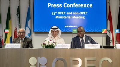 Saudi Energy Minister Prince Abdulaziz bin Salman, centre, with other Opec+ officials at a meeting in Vienna on Wednesday. EPA