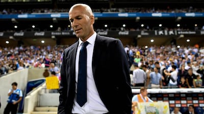 Real Madrid manager Zinedine Zidane looks on prior to the Primera Liga match against Espanyol. David Ramos / Getty Images