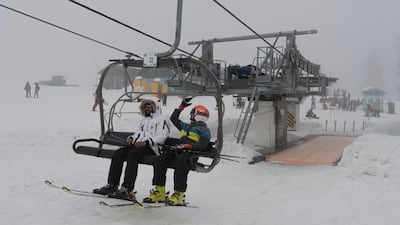 Winter athletes heading up the mountain in Gulmarg, Indian Kashmir, to ski. Photo: Wasim Nabi