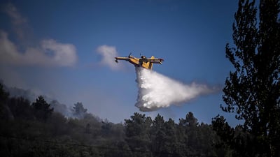 A Canadair firefighter plane drops water on the flames at Orjais. AFP